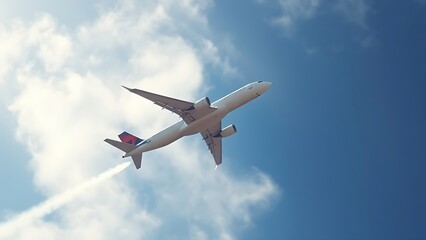 Fototapeta premium Airplane climbing into a clear blue sky, leaving white contrails against a backdrop of soft clouds.