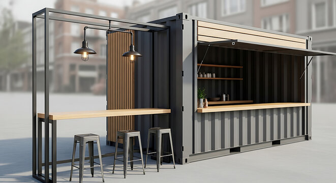 Innovative shipping container design transformed into a sleek, modern outdoor bar or cafe, offering a versatile and efficient pop-up business solution for urban environments.