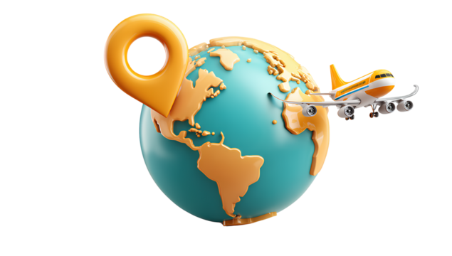 3D icon of a globe with a location pin and a plane, transparent background, PNG file 