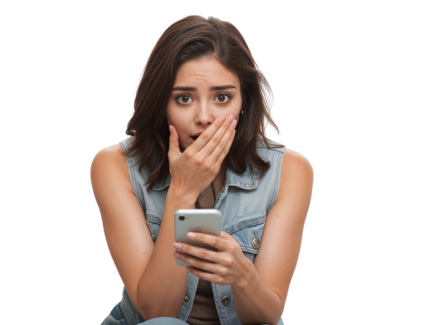 Shocked young woman stares at smartphone with an expression of disbelief and dismay