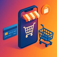Digital Illustration of Storefront and Shopping Cart