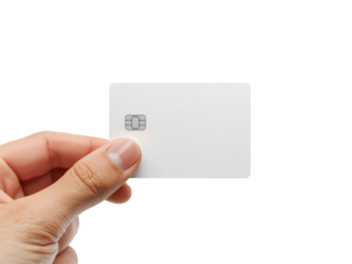 Hand holding a blank white credit card mockup against an isolated transparency background, ready