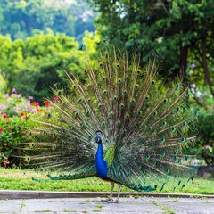 Obraz premium Peacock displaying its vibrant tail feathers in a garden