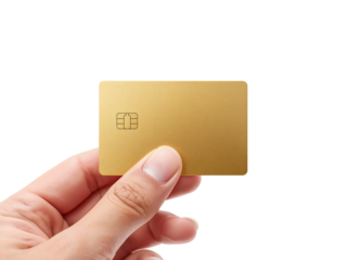 Hand holding golden credit card with a chip against isolated transparent background