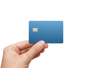 Close up of a person holding a blue credit card against an isolated transparent background