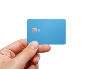 Person demonstrating a modern contactless payment card with a vibrant azure hue against transparent