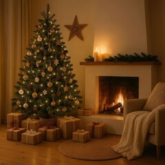 Christmas Tree with Presents in Cozy Room