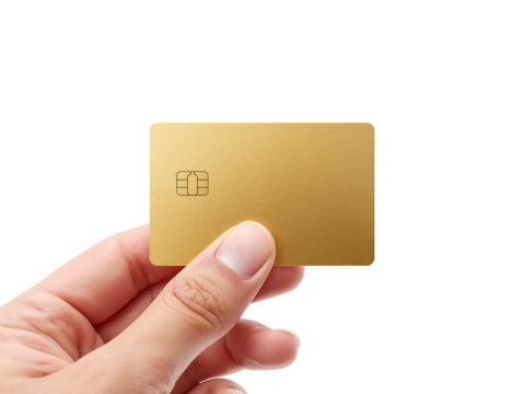 Hand holding golden credit card with a chip against isolated transparent background