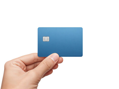Close up of a person holding a blue credit card against an isolated transparent background