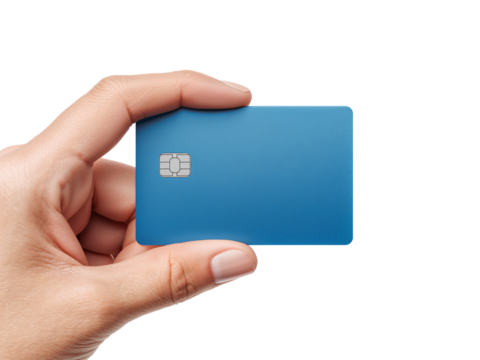 Hand displaying a sleek azure credit card with embedded chip on transparent space for design