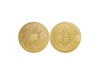 Golden bitcoin coins showcasing digital network circuitry and currency symbol design isolated on
