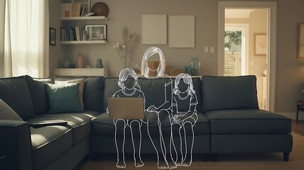 Mother and two children sitting on couch using laptop shown in simple family line art illustration