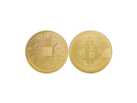 Golden bitcoin coins showcasing digital network circuitry and currency symbol design isolated on - Powered by Adobe