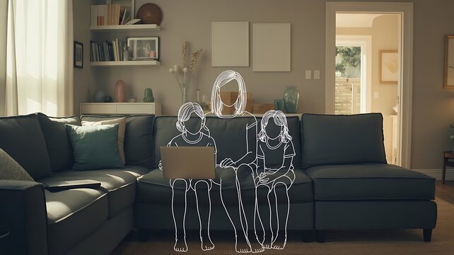 Mother and two children sitting on couch using laptop shown in simple family line art illustration - Powered by Adobe