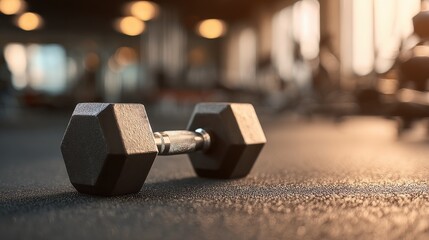 High definition photo of high definition photo of hexagonal dumbbell on gym floor with blurred background of fitness equipment and warm lighting creating inviting workout atmosphere.