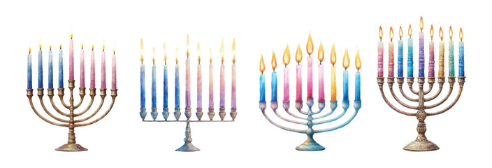 Set of Hanukkah with candles watercolor. Menorah with a symbol of the Jewish holiday. Traditional candlestick with burning candles. Happy Hanukkah. Vector illustration.