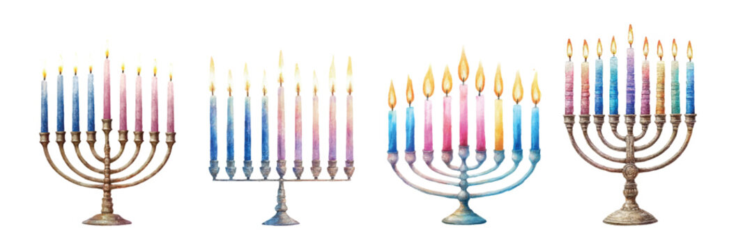 Set of Hanukkah with candles watercolor. Menorah with a symbol of the Jewish holiday. Traditional candlestick with burning candles. Happy Hanukkah. Vector illustration.