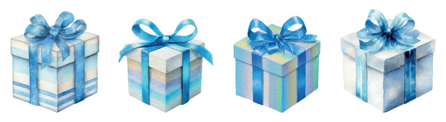 Set of watercolor gift boxes. Festive gift tied with blue string with a bow. Boxes for giveaways, prizes, raffles, holidays, etc. Vector illustration.