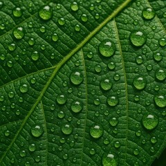 Green Leaf with Water Droplets and Veins