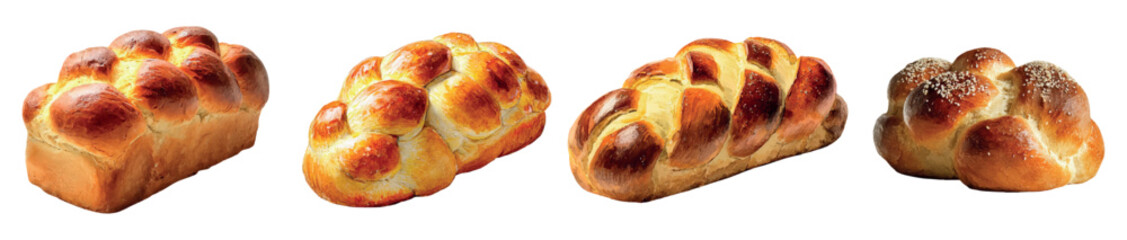 Watercolor set of challah bread. Shabbat bread, Jewish braid, brioche. Jewish braided bread, traditional food for Shabbat, Hanukkah and major Jewish holidays. Vector illustration.