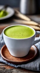 Steaming matcha latte in white cup sitting on wooden table