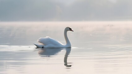A solitary white swan gracefully glides across a calm, misty lake.