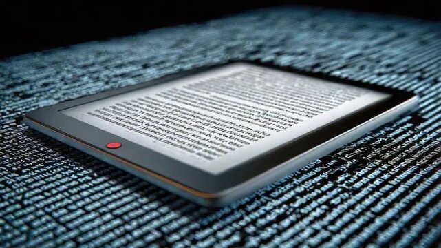 E-reader with digital screen: A close-up shot of an e-reader displaying an illuminated digital screen, showcasing the advancement of the technology era. The text is filled on the screen.