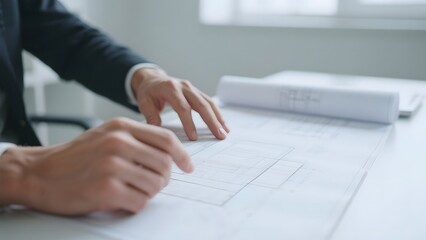 Architect reviewing blueprints on a desk in an office setting
