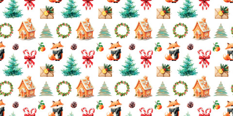 Seamless Christmas pattern with watercolor elements. Cute fox, Christmas tree, Christmas wreath, candy and others. Festive background. Pattern for Christmas gift wrapping, backgrounds, etc.