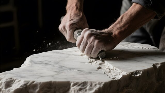 Craftsman meticulously carving a marble block with a chisel, creating fine dust.