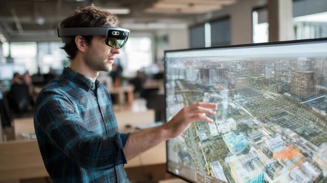 An architect man uses augmented reality glasses to interact with a digital display in a contemporary office setting - Powered by Adobe