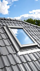 Roof window on a gray tiled roof under a partly cloudy sky