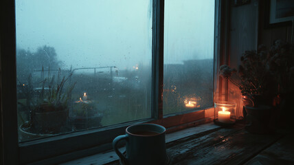 Rainy window view with candles and potted plants