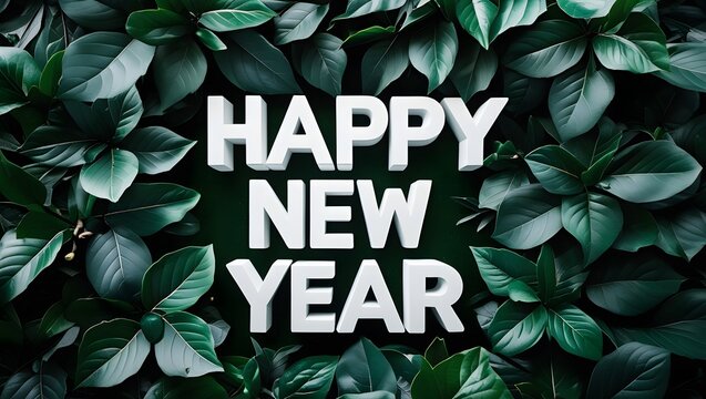 An elegant Happy New Year message with white 3D letters on a vibrant bed of dark green leaves, symbolizing growth and fresh beginnings for the upcoming year.