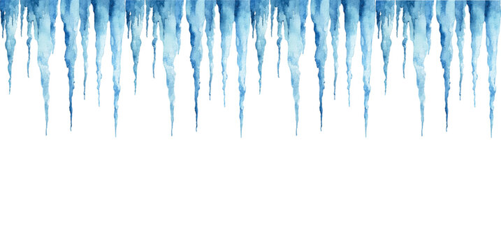 Board with frozen watercolor icicles png. Icy icicles sticking from the roof painted with watercolor. Winter frosty frames for designs. Icy winter icicles for templates, patterns, frames, etc.