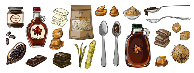 Food illustration watercolor spices and herbs spice jar. chocolate, spoons, maple syrup, bamboo candy, caramel. Sweets and ingredients