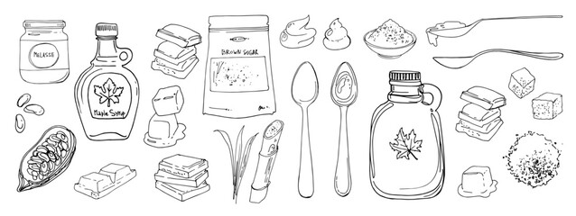 Food illustration watercolor spices and herbs spice jar. chocolate, spoons, maple syrup, bamboo candy, caramel. Sweets and ingredients