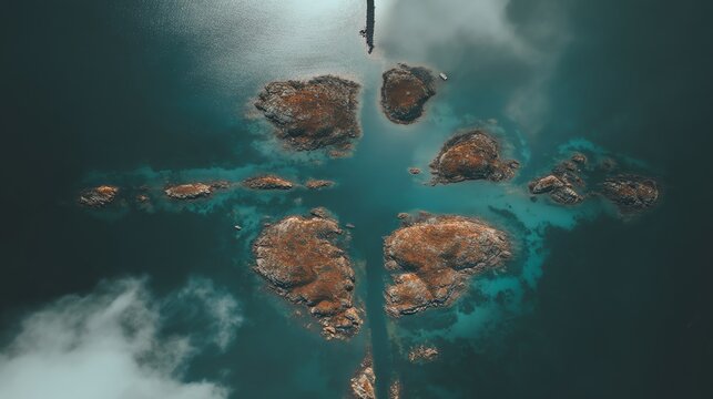 Aerial view of rocky islands in blue water