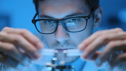 Scientist examining a test tube with focused attention in a laboratory setting.