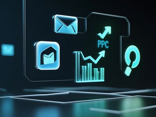 Digital marketing analytics and performance metrics displayed on futuristic interface