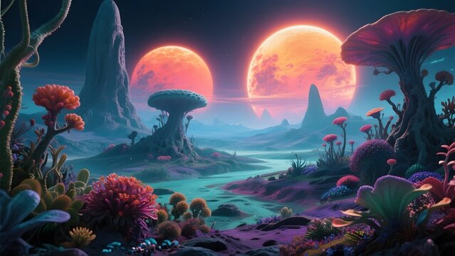 Alien Landscape with Giant Mushrooms and Twin Orange Moons