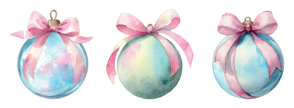 Watercolor set of cute Christmas balls with pink bow. Watercolor pastel Christmas balls decorated with pink ribbon bow. Cute Christmas decor and Christmas tree toys. Vector illustration.