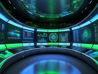 Futuristic command center with glowing green and blue displays