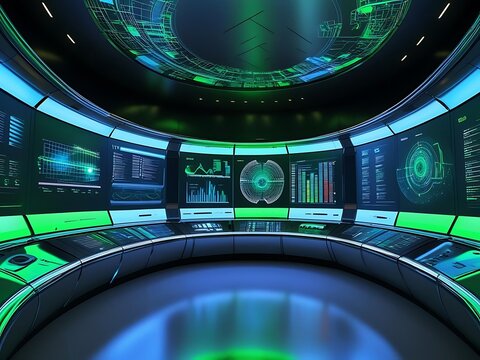 Futuristic command center with glowing green and blue displays - Powered by Adobe
