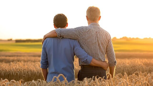 Two men standing in a wheat field with arms around each other at sunset