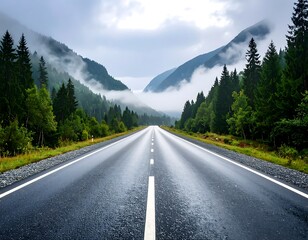Asphalt road through misty mountains
