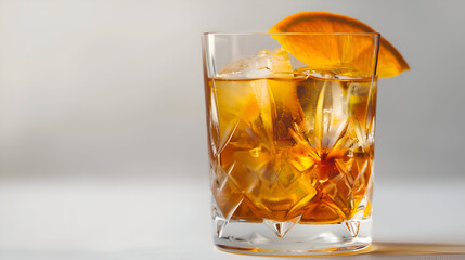 Savor a perfectly crafted amber cocktail on ice, garnished with a vibrant orange slice, ideal for upscale bar promotions or sophisticated lifestyle content.