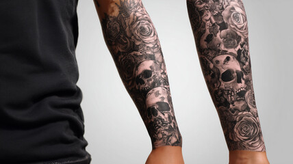 Forearm tattoos roses skulls black ink design