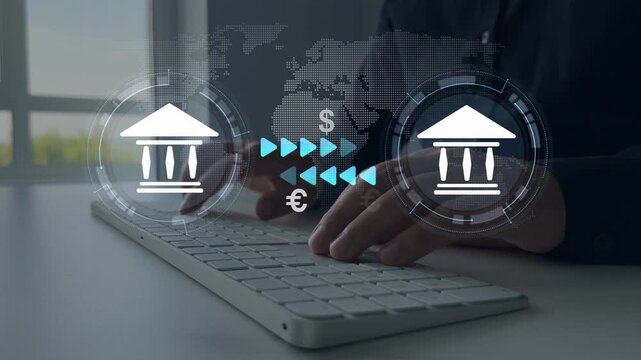 Banks financial transfer money. Bank transfer concept, showing currency connected global financial transactions.Online banking operations and interbank digital payment.	
