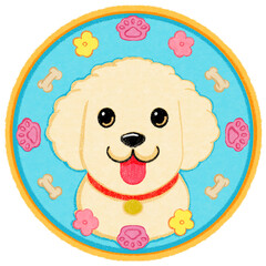 Adorable hand-drawn dog illustration in a round badge design, featuring paw prints, bones, and flowers. Created in crayon and oil pastel textured doodle style, perfect for National Dog Day celebration